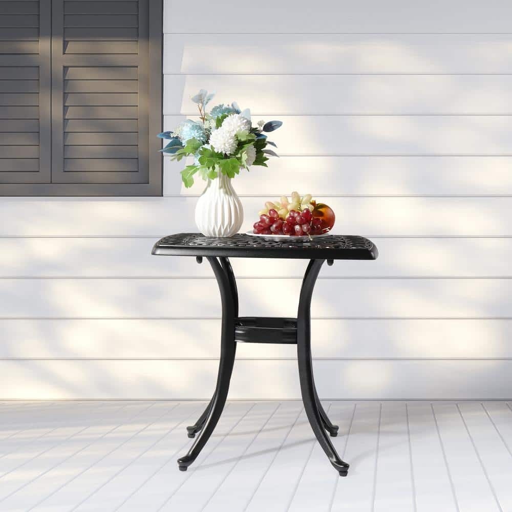 Black Square Aluminum Outdoor Side Table with Elegant Cut-Out Design