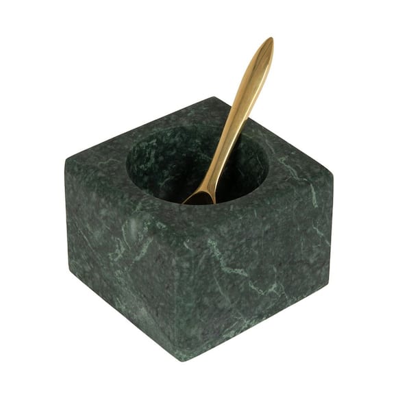3 in. 11.2 fl. oz. Green Marble Salt Serving Bowl with Gold Stainless Steel Spoon (Set of 2)