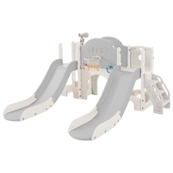 Bon Furni Grey and White HDPE Indoor and Outdoor Playset Small Kid with Telescope, Slide and Basketball Hoop