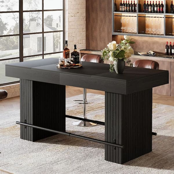Black 63 in. Rectangular Bar Table Seats 4, Bistro Industrial Counter Height Table with Metal Footrest for Home Kitchen