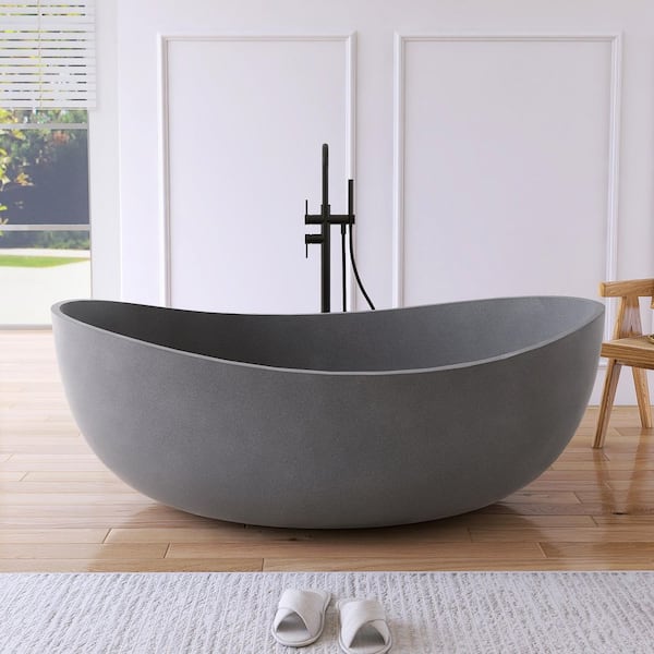 63 in. x 38 in. Concrete Composite Flatbottom Freestanding Soaking Bathtub in Gray