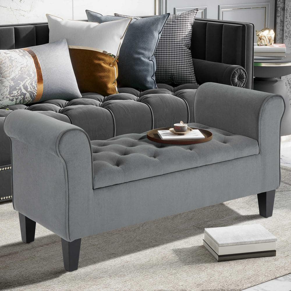 Gray Velvet Tufted Storage Ottoman Footstool with Rolled Armrests