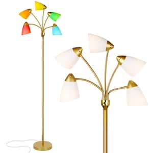 Medusa 74 in. Antique Brass Modern 5-Light Height Adjustable Gooseneck LED Floor Lamp with 5 Multicolored Cone Shades