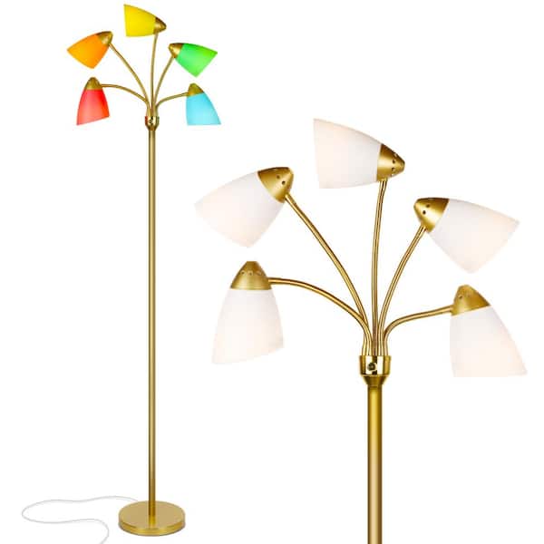 Brightech Medusa 74 in. Antique Brass Modern 5-Light Height Adjustable Gooseneck LED Floor Lamp with 5 Multicolored Cone Shades