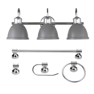 Sydney 24 in. 3-Light Matte Gray and Chrome Vanity Light with Bath Set (5-Piece)