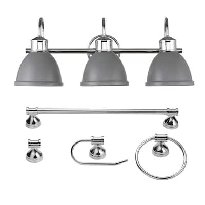 Sydney 24 in. 3-Light Matte Gray and Chrome Vanity Light with Bath Set (5-Piece)