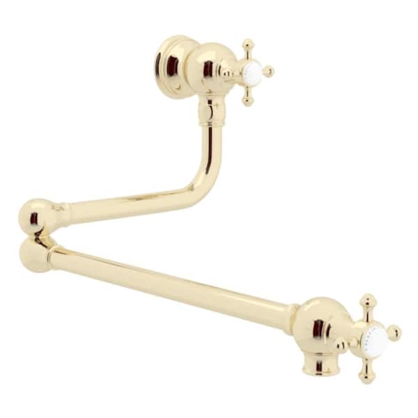 Edwardian Era Wall Mounted Pot Filler with Swing Arm And Lever Handles in Unlacquered Brass