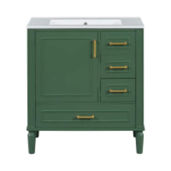 30" Traditional Green Bathroom Vanity, 3 Drawers & Soft Close Doors, Gold Handles, Floor Standing Design