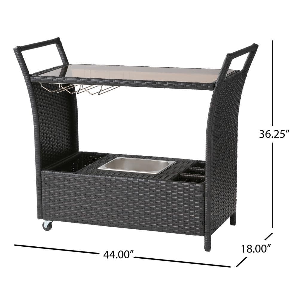 Bahama Black Wicker Outdoor Bar Cart with Glass Top and Storage