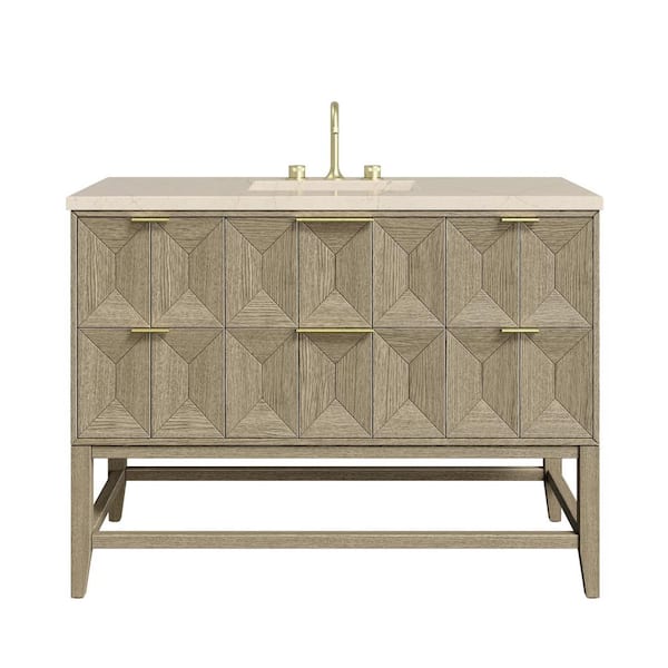 James Martin Vanities Emmeline 48.0 in. W x 23.5 in. D x 36 in. H Single Bathroom Vanity Pebble Oak and Eternal Marfil Quartz Top