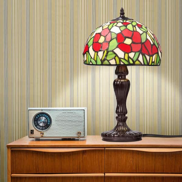 Esmerelda 17 in. Brown Candlestick Table Lamp with Multicolor Stained Glass Shade