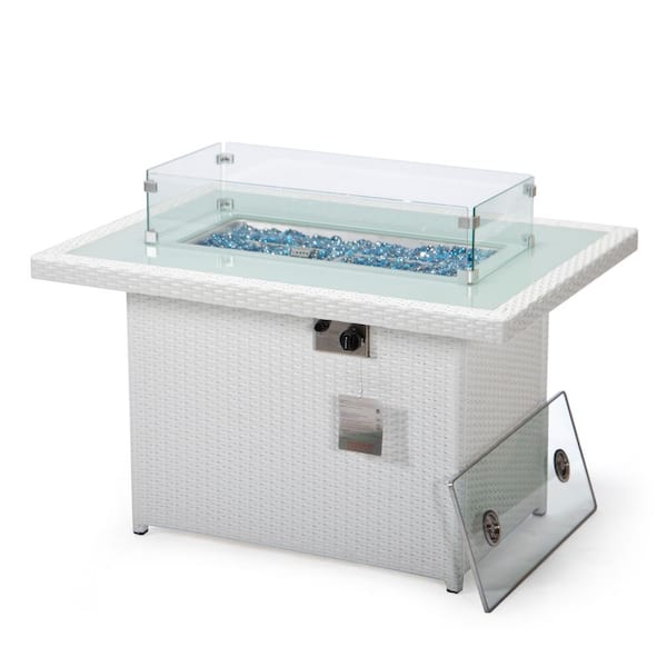Leisuremod Mace 44 in. White Modern Wicker 55,000 BTU Propane Patio Fire Pit Table with Lid and Fire Glass