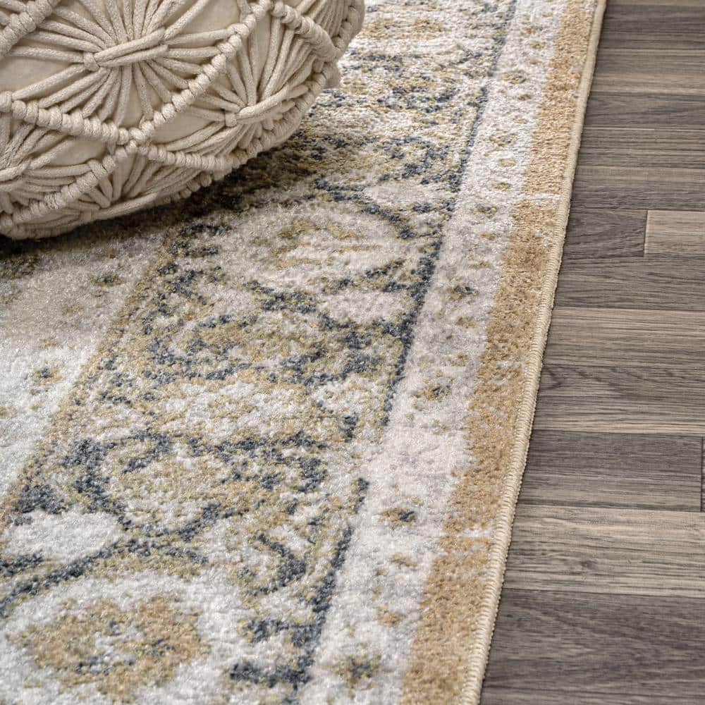 Green and Cream Medallion Machine-Washable Area Rug