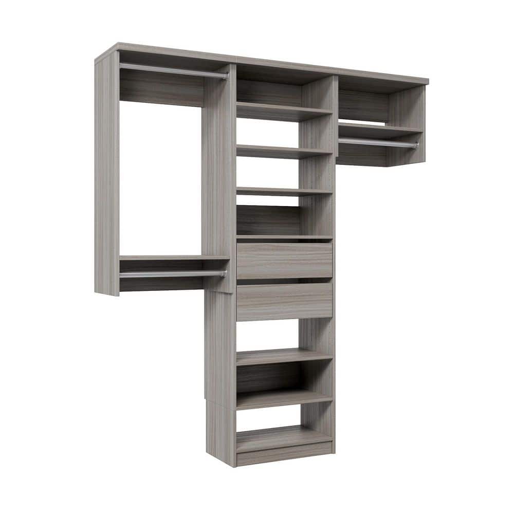 58.5 in. W Grey Oak Reach-in Floor-Mount 3-Rod 2-Reveal-Drawers 8-Shelf Wood Closet System