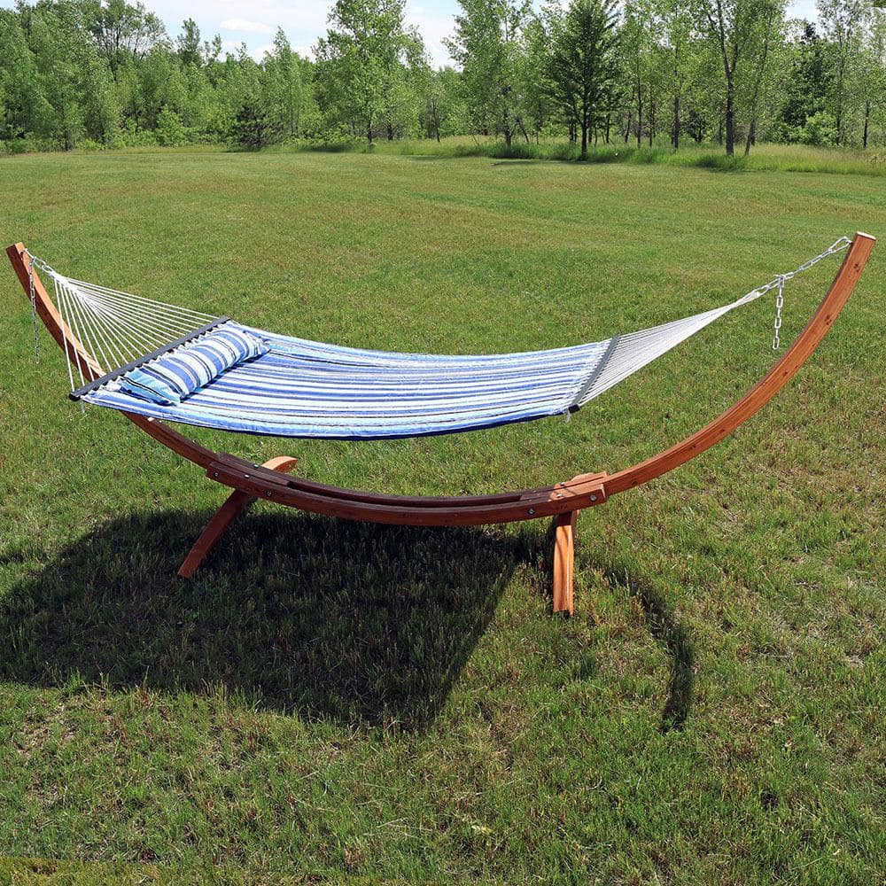 Sunnydaze Blue Quilted Double Fabric Hammock with Medium Wood Stand