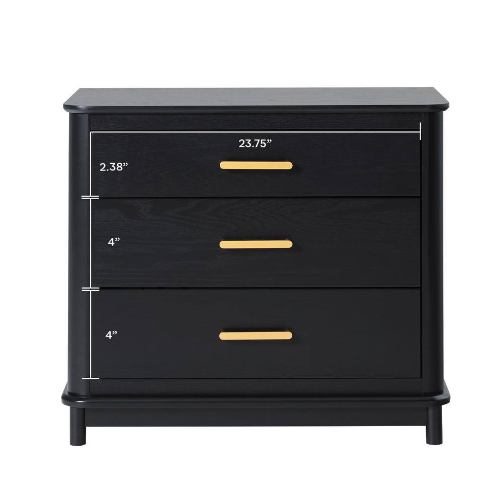 Black Solid Wood 3-Drawer Nightstand with Gold Handles