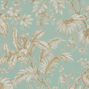 Large Palm Leaves And Stems Metallic Soft Green/Gold Vinyl on Non-Woven Non-Pasted Wallpaper Roll