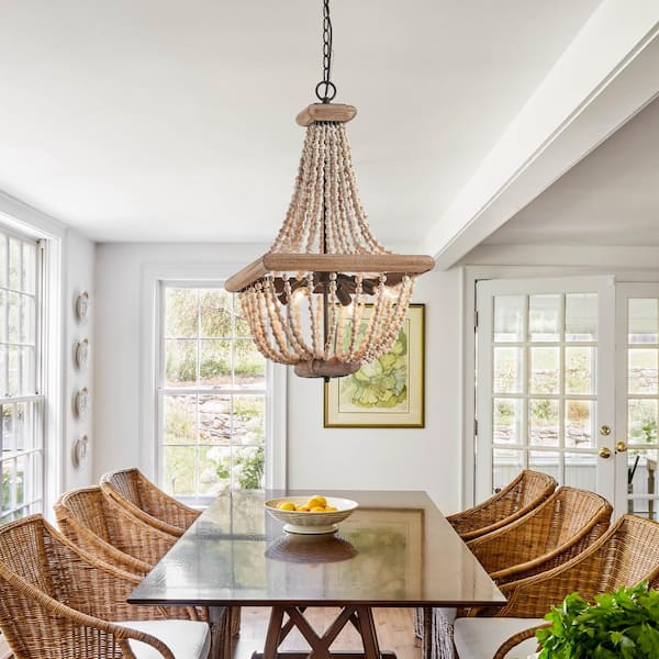 Regas 4-Light Farmhouse Weathered Wood Bead Basket Candle Style Chandelier