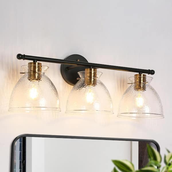 Uolfin Modern Bell Bathroom Vanity Light 23.6 in. 3-Light Dome Black and Brass Wall Light with Hammered Glass Shades