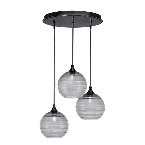 Unbranded Villa 3 Light Matte Black Pendant, Cluster Pendant Light with 10 in. Smoke Ribbed Glass Shades, No bulb Included