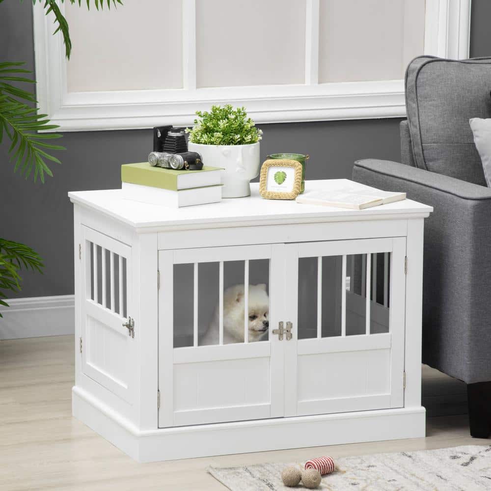 Small White Wooden Dog Crate End Table with Triple Doors