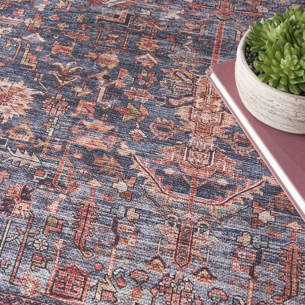 Navy and Brick Vintage Washable Wool Blend 4' x 6' Area Rug