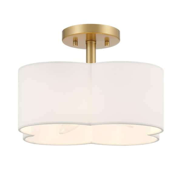 Unbranded Hedgegate 14 in. 3-Light Vintage Gold Quatrefoil Semi-Flush Mount with Linen Shade