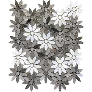 Gray and White 10.7 in. x 12 in. Floral Polished Marble Mosaic Tile (4.46 sq. ft./Case)