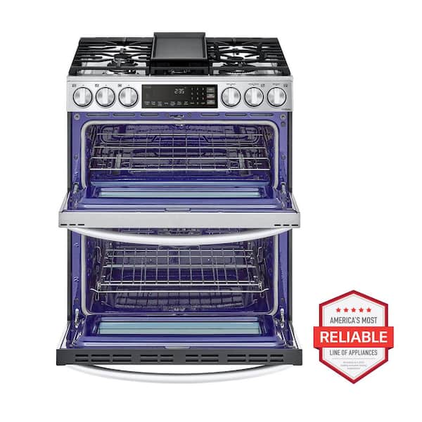 6.9 cu. ft. Smart Slide-In Double Oven Gas Range with ProBake and InstaView in PrintProof Stainless Steel