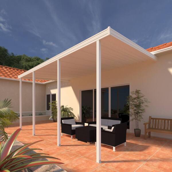 Integra 20 Ft X 10 Ft White Aluminum Attached Solid Patio Cover With 4 Posts 20 Lbs Live Load 1252006701020 The Home Depot