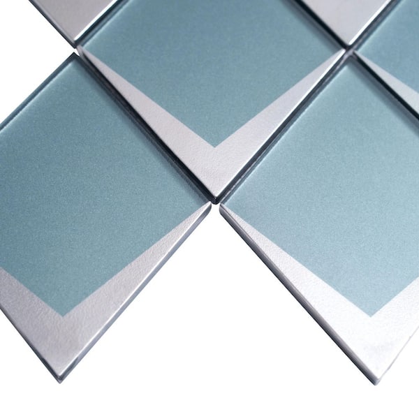 Solace 4 in. x 4 in. Matte Blue Metallic Silver Glass Diamond Mosaic Wall Tile Sample (0.14 sq ft)