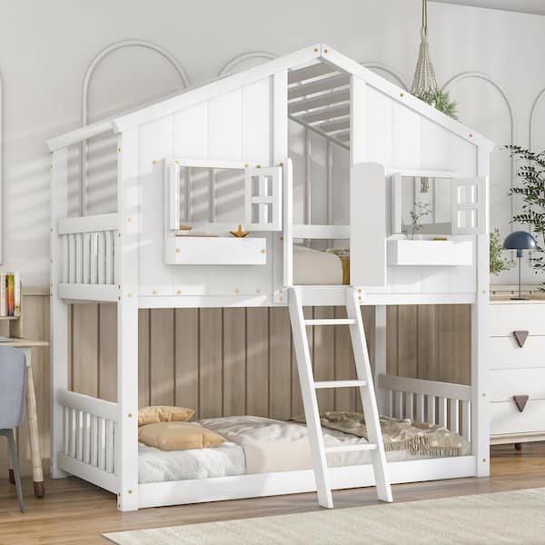 Polibi Twin over Twin House Bunk Bed with Roof, Window, Window Box, Door, with Safety Guardrails and Ladder, White