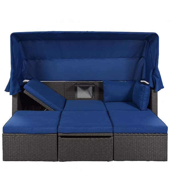 4-Piece Wicker Outdoor Day Bed with Canpoy and Blue Cushions