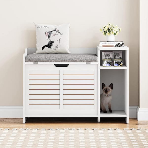 AndMakers Cat Litter Box Enclosure in White with Top Opening and Cushion