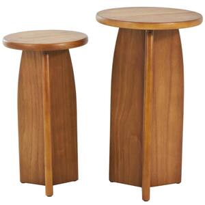 14 in. Brown Pedestal Large Round Wood Coffee Table (2-Pieces)