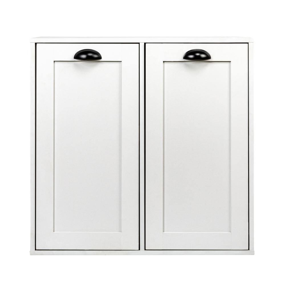 White Wood Laundry Sorter Cabinet with Drawstring Bags