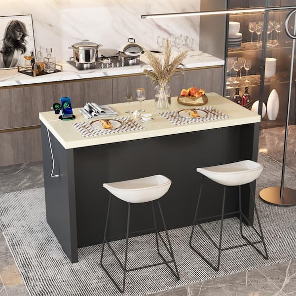 Black Finish Wood Top 61 in. Sideboard with 2 Drawers, 4 Doors and Built-in USB Charging Station, Storage Buffet