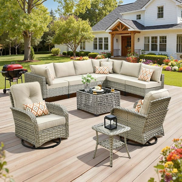 Solvoc 10-Piece Wicker Outdoor Patio Conversation Sofa Set with Beige Cushion, Swivel Chair, Lights Coffee Table