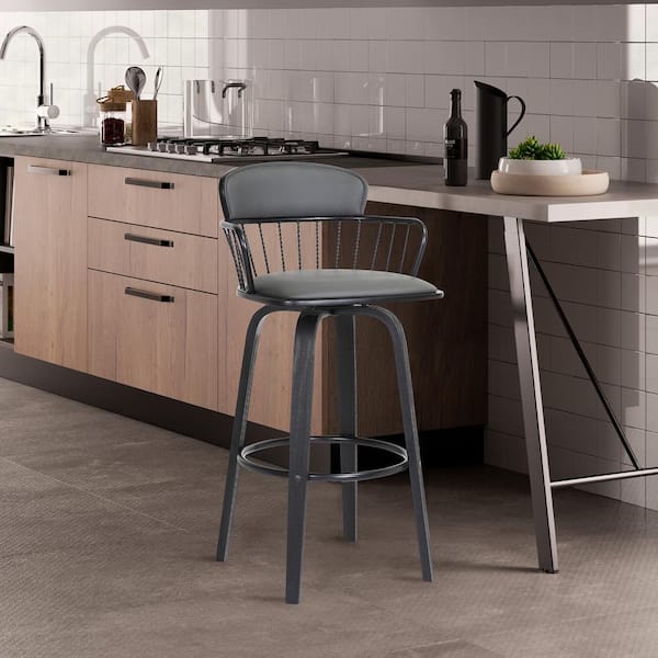 Armen Living Willow Swivel 30 in. Grey, Black Metal, Wood Bar Stool with Grey Faux Leather Seat