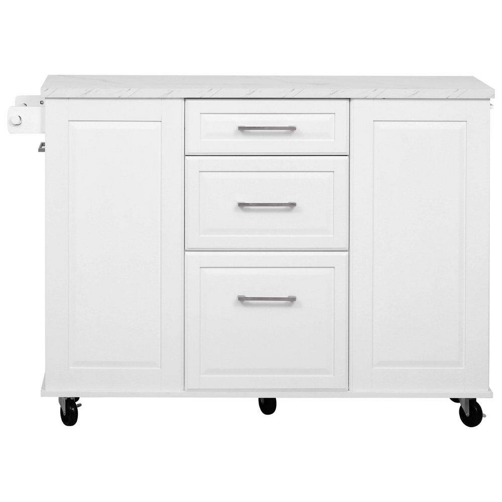 50.7 in. White Outdoor Grill Cart Kitchen Island on 5-Wheels with Drop Leaf, 2-Drawers, 1-Door