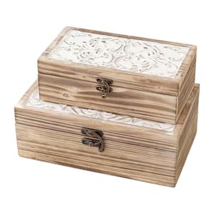 Rustic Farmhouse White & Brown Wood Decorative Box with Hinged Lid 2-Pack