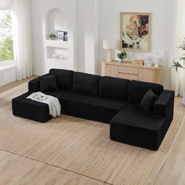 132.5 in. Square Arm Corduroy U Shape Modular Sectional Compressed Sofa in Black