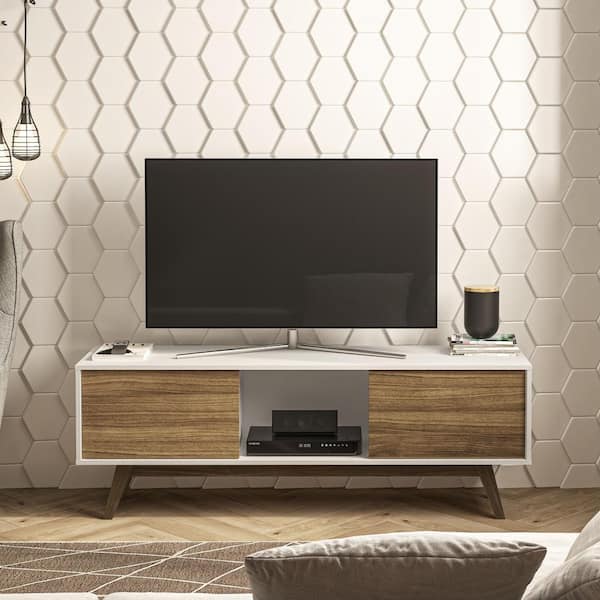 Porto Rico White and Walnut TV Stand Fits TV's up to 65 in.
