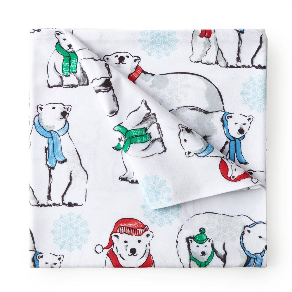 Twin XL Polar Bear Print Cotton Polyester Flannel Sheet Set
