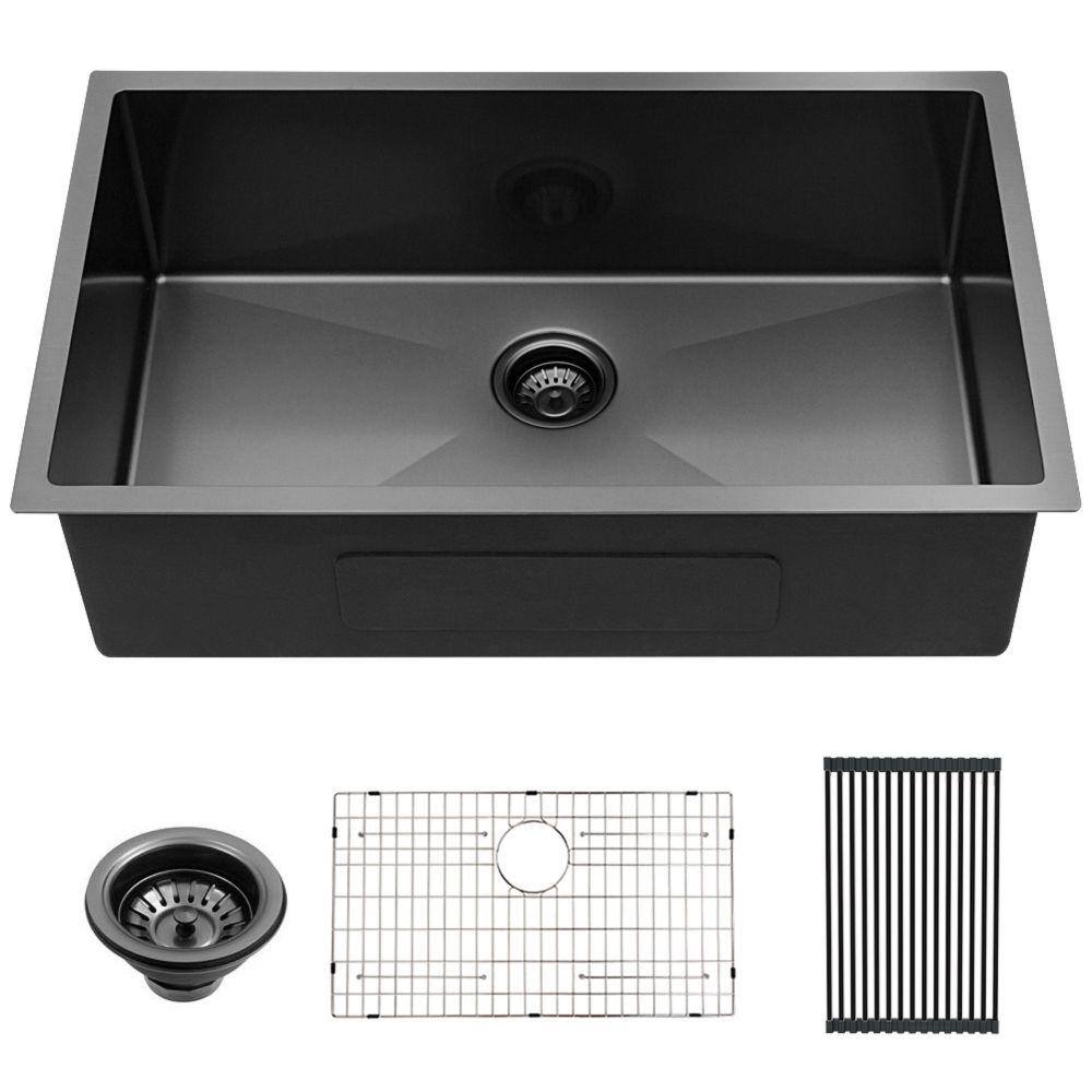 Black 16 Guage Stainless Steel 28 in. Single Bowl Undermount Workstation Ki