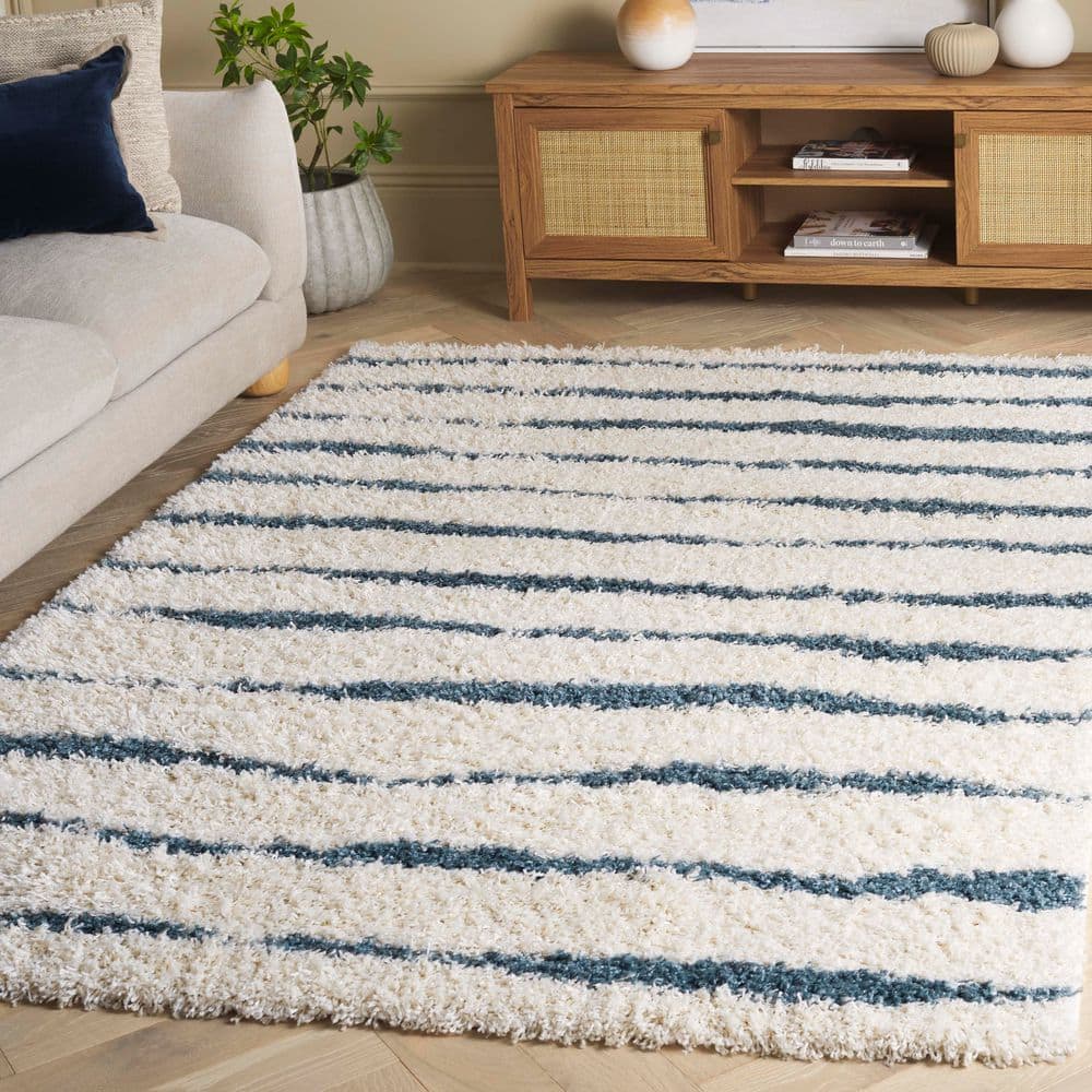 Venus Shag 8 ft. x 10 ft. Ivory/Turquoise Solid Color Striped Area Rug price history on PriceWatchPro