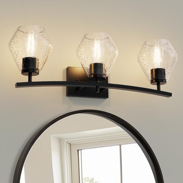 YANSUN 25 in. 3-Light Black Vanity Light with Cone Clear Glass Shades for Bathroom, Mirror, Living Room