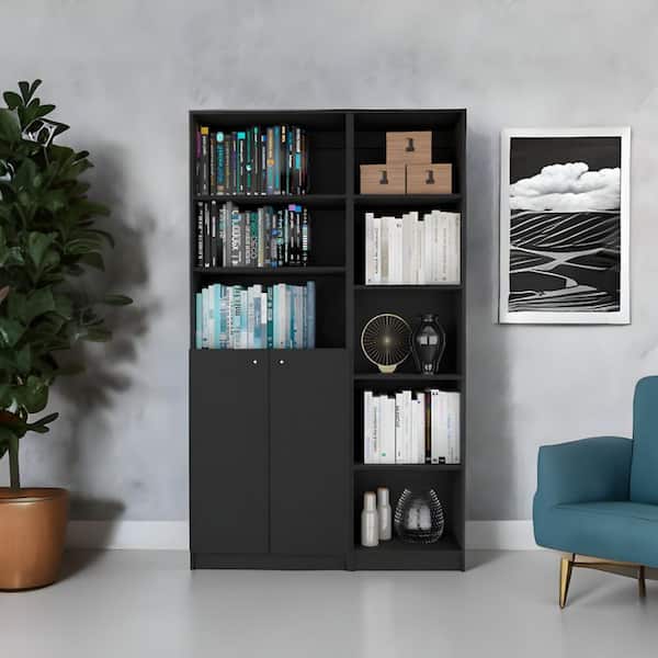HomeRoots 71.1 in. Tall Black Engineered Wood 5-Shelf Standard Bookcase with Doors