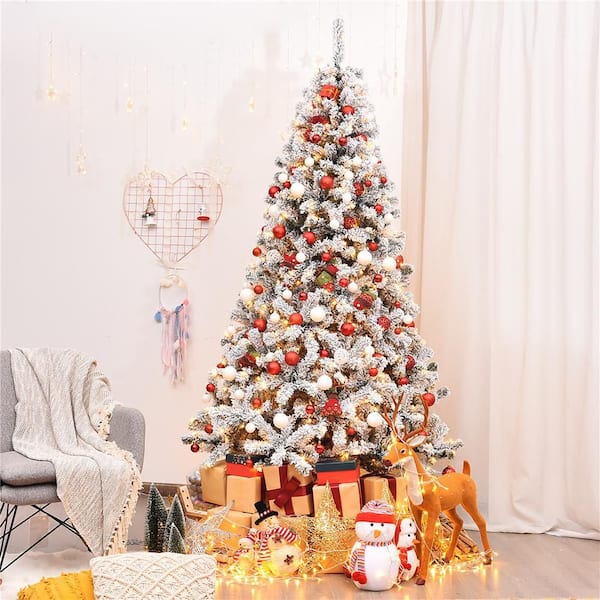 7.5 ft. Pre-Lit LED Premium Snow Flocked Snow Hinged Artificial Christmas Tree with 450 Lights