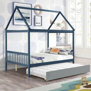 Navy Blue Full Size House Bed with Gray Trundle